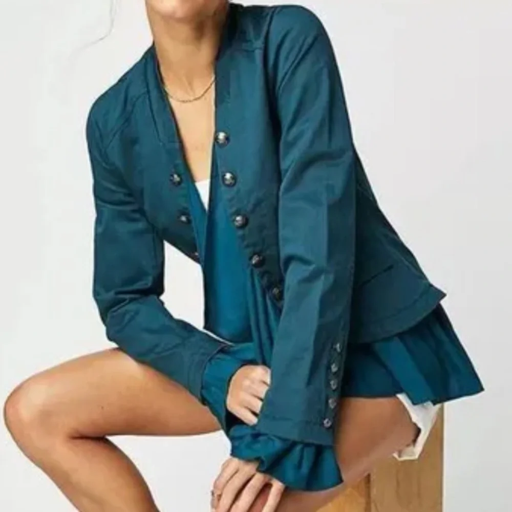Free People Ruffles Romance Jacket in Teal Jewel - Picture 7 of 9